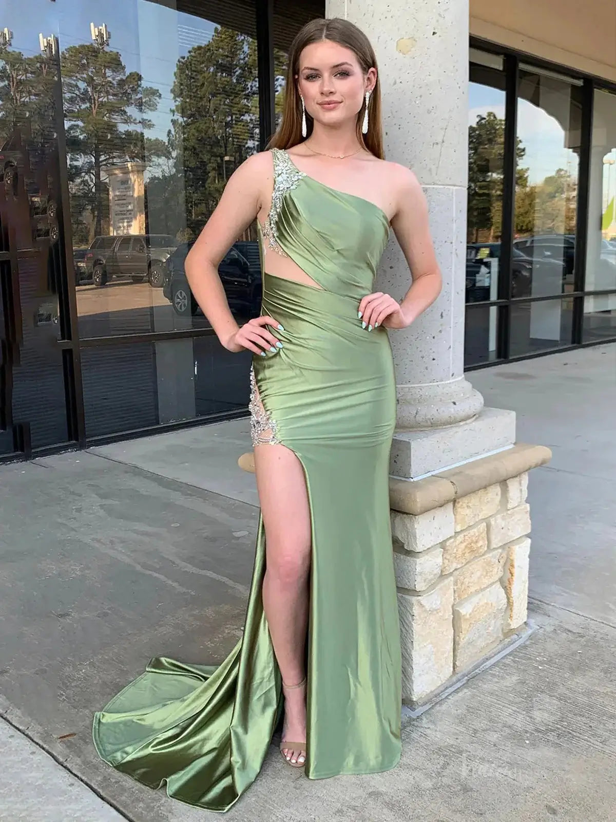 prom dresses 2025-to impress Green Satin Mermaid Prom Dresses 2025 with Slit, Beaded Lace & One Shoulder – FD5057-plus size wedding dresses Viniodress-Green-Custom Size-