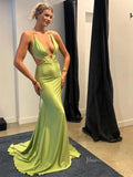 prom dresses 2025-to impress Green Satin Mermaid Prom Dresses with Plunging V-Neck, Spaghetti Strap & Open Back - FD6050-plus size wedding dresses Viniodress-Green-Custom Size-