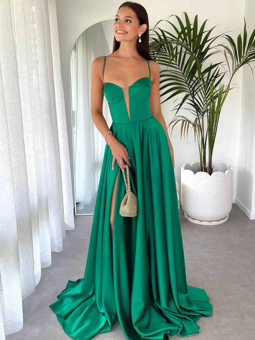 prom dresses 2025 Green Satin Prom Dress with Spaghetti Straps, Plunging V-Neck & Slit - FD6087-plus size wedding dresses Viniodress-Green-Custom Size-