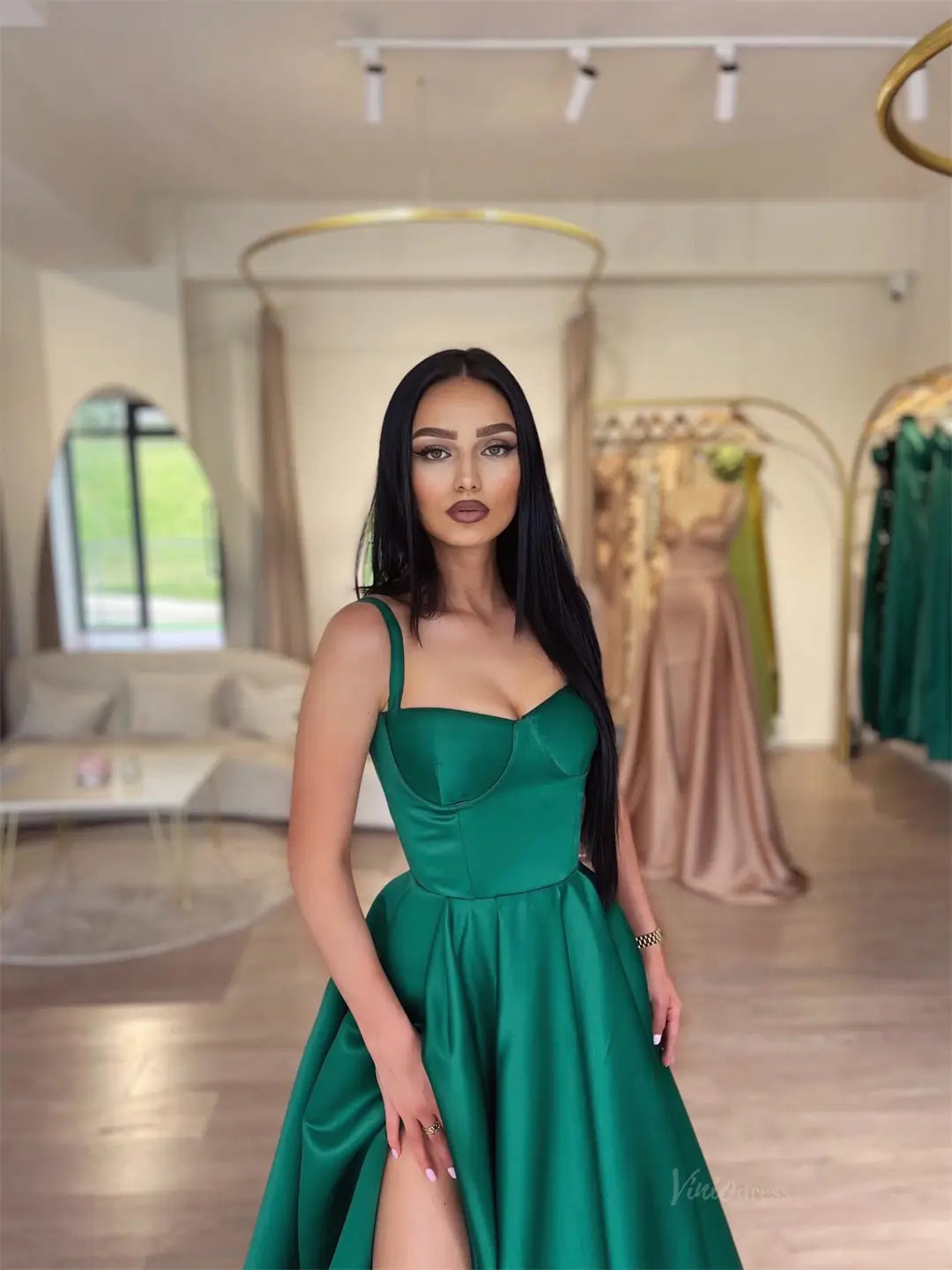 Green Satin Prom Dresses 2025 Spaghetti Strap Formal Dress with High Slit FD5229