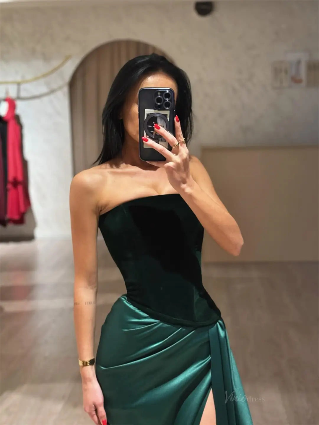 Green Satin Prom Dresses 2025 Strapless Formal Dresses with Slit FD5232