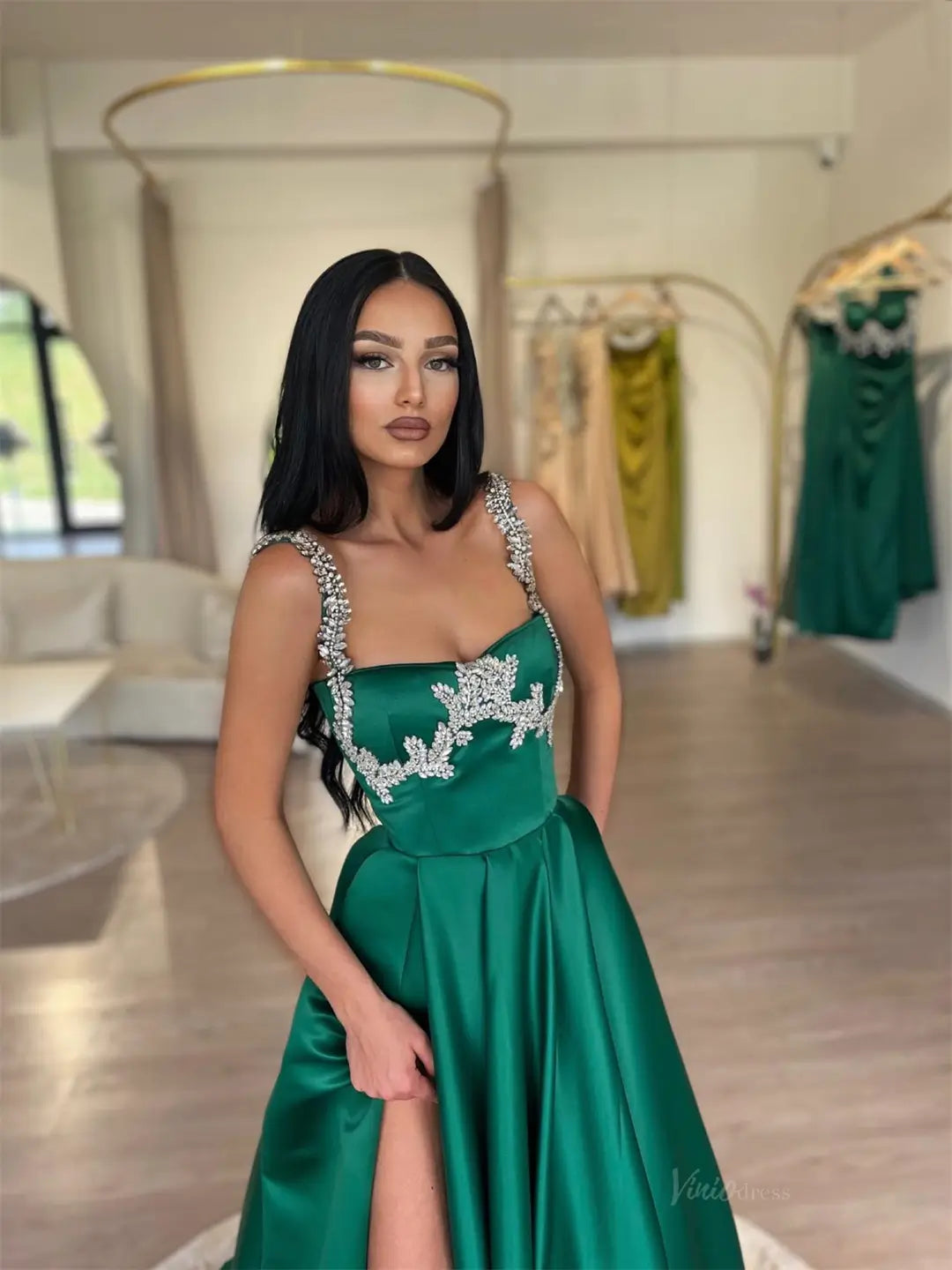 prom dresses 2025 Green Satin Prom Dresses 2025 with Beaded Strap & Slit – FD5224-plus size wedding dresses Viniodress-Green-Custom Size-