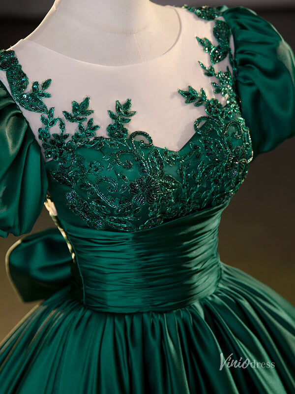 Prom Dress 2025 Green Satin Puffed Sleeve Prom Ball Gown Lace Applique Boat Neck Quinceanera Dresses BG066-unique prom dresses-Green-Custom Size-Viniodress