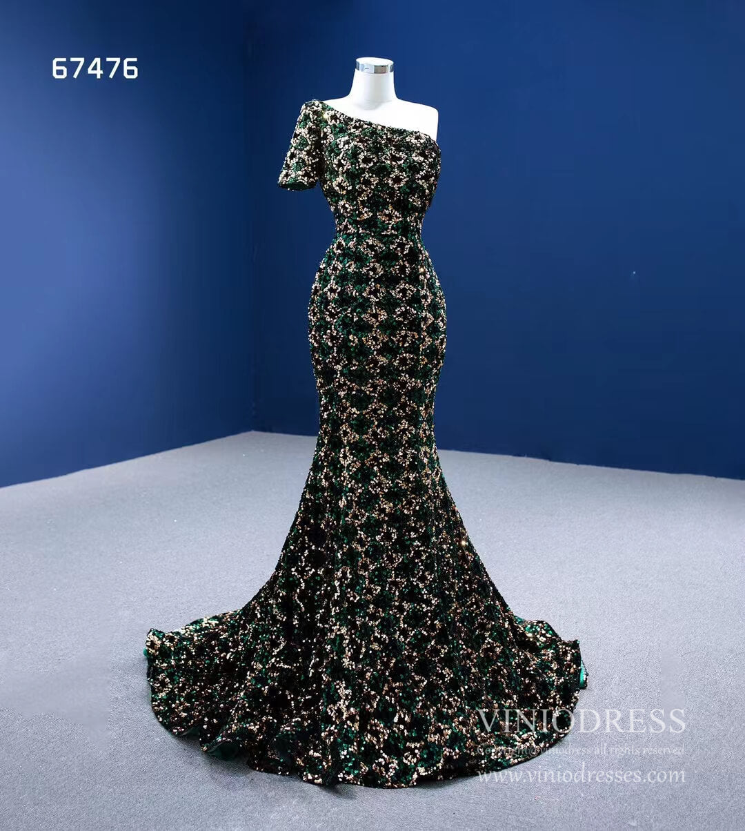 Prom Dress 2025 Green Sequin Mermaid Prom Dress One Shoulder Sleeve Evening Dress 67476-unique prom dresses-Green-Custom Size-Viniodress