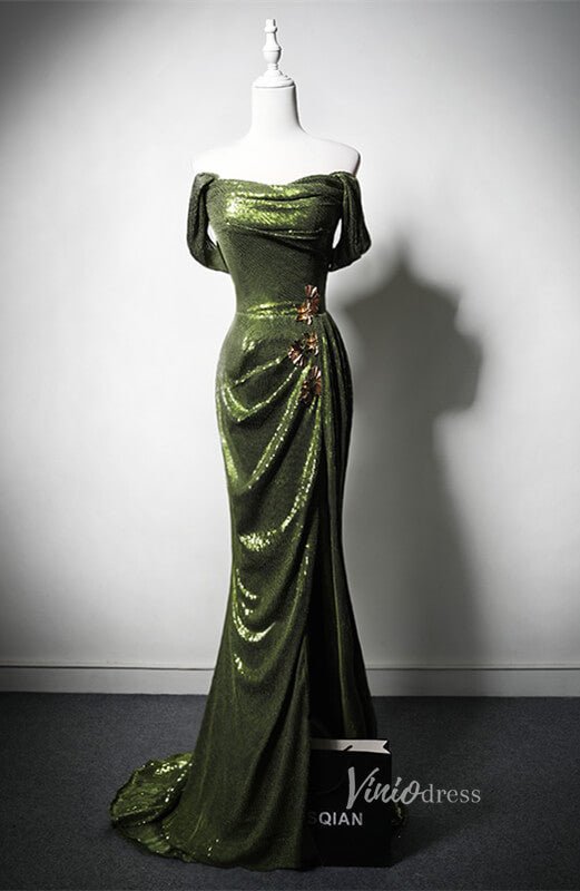 Green Sequin Mermaid Prom Dresses with Slit Off the Shoulder Evening Dress AD1207 - Viniodressprom dressesGreenCustom Size - Formal Dresses - Ball Gowns