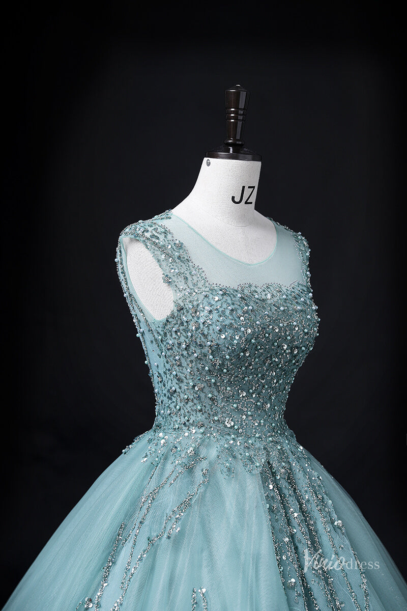 Prom Dress 2025 Green Sparkly Beaded Lace Prom Ball Gown Boat Neck Quinceanera Dresses BG064-unique prom dresses-Green-Custom Size-Viniodress