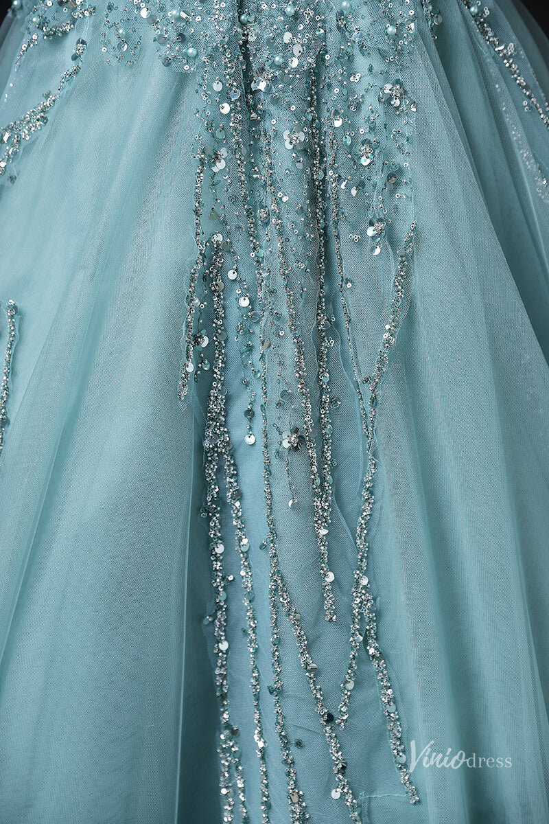 Prom Dress 2025 Green Sparkly Beaded Lace Prom Ball Gown Boat Neck Quinceanera Dresses BG064-unique prom dresses-Green-Custom Size-Viniodress