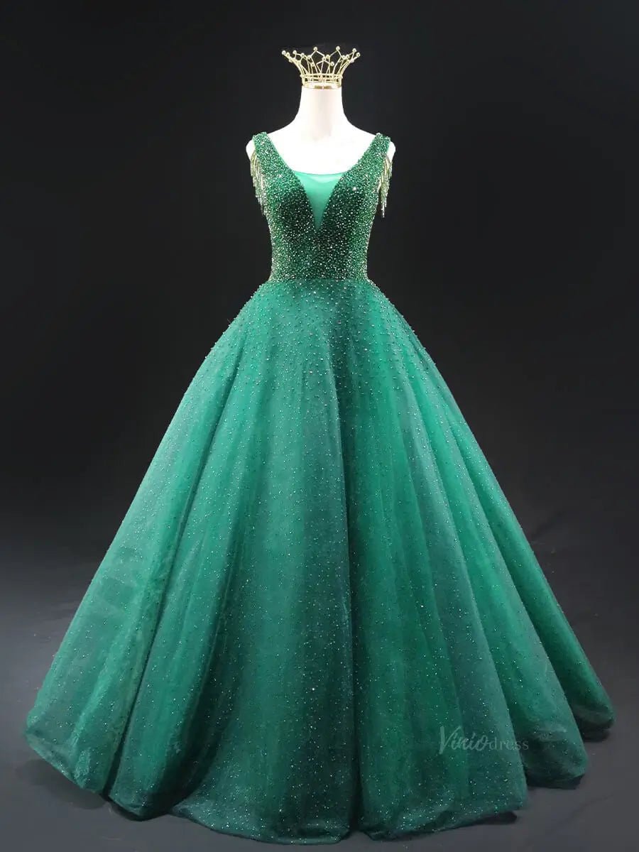 Green Sparkly Tulle Prom Dresses with V - Neck, Beaded Bodice, Quinceanera Dresses SU039 - Viniodressprom dressesGreenCustom Size - Formal Dresses - Ball Gowns