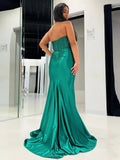 Green Strapless Satin Mermaid Prom Dresses 2025 with Slit, Sweetheart Neck & Beaded Boned Bodice – FD5050