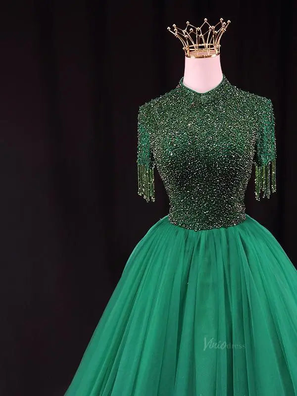 prom dresses 2025-to impress Green Tulle Prom Dresses with Beaded Bodice, High Neck, Tassels, Quinceanera Dresses SU080-plus size wedding dresses Viniodress-Green-Custom Size-