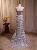 Prom Dress 2025 Grey Beaded Feather Mermaid Prom Dresses Corset Back Evening Dress BJ014-unique prom dresses-Grey-Custom Size-Viniodress