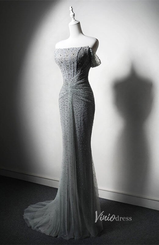 Grey Beaded Mermaid Prom Dresses Off the Shoulder Evening Dress AD1203 - Viniodressprom dressesGreyCustom Size - Formal Dresses - Ball Gowns