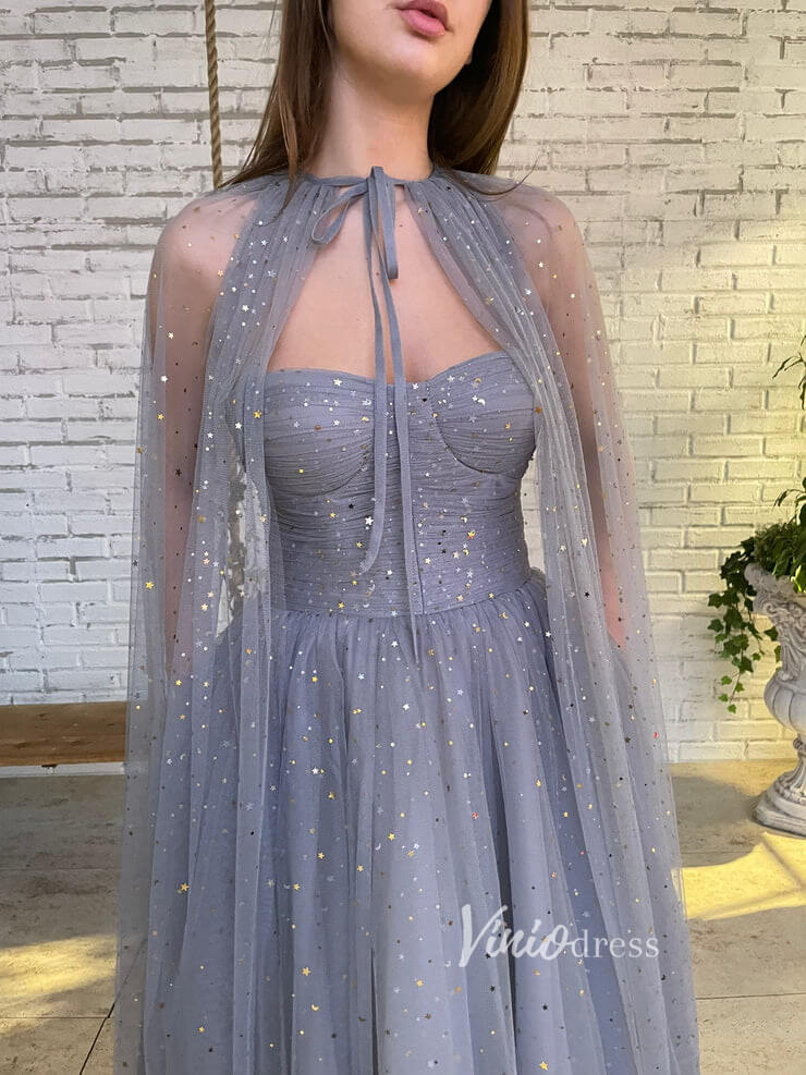 Short Prom Dresses 2025 Grey Removable Cape Prom Dresses Starry Tulle Maxi Dresses FD2767-prom dresses-Viniodress-Grey-Custom Size-Viniodress