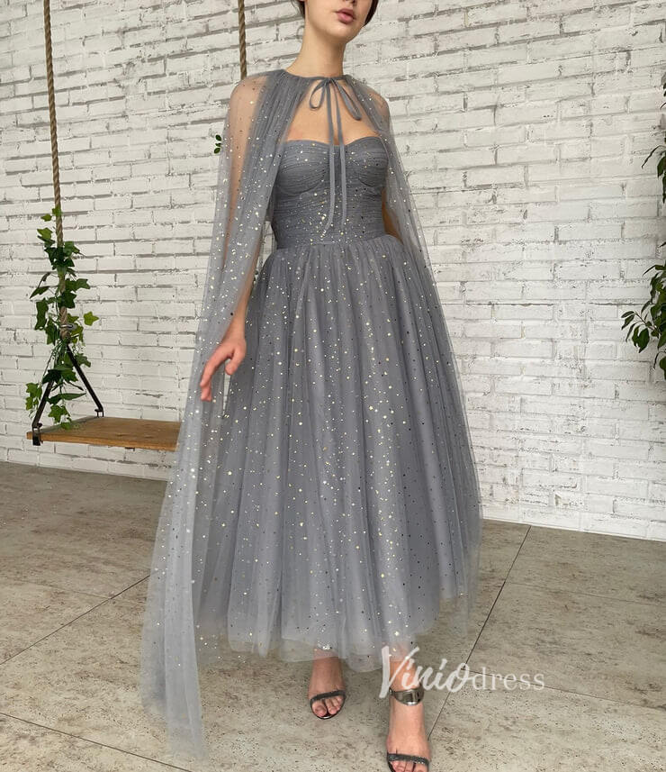 Short Prom Dresses 2025 Grey Removable Cape Prom Dresses Starry Tulle Maxi Dresses FD2767-prom dresses-Viniodress-Grey-Custom Size-Viniodress