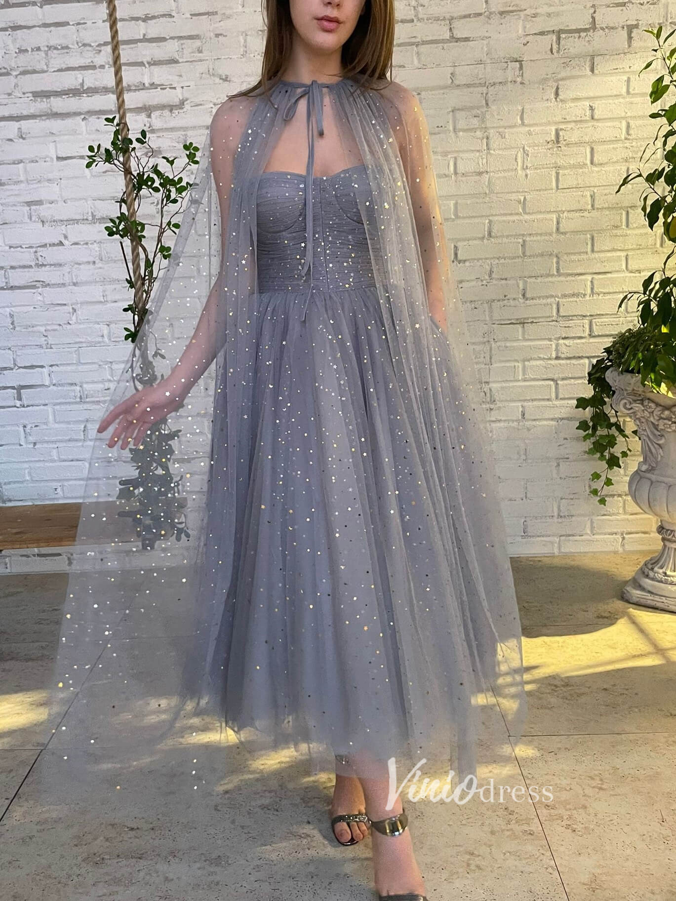 Short Prom Dresses 2025 Grey Removable Cape Prom Dresses Starry Tulle Maxi Dresses FD2767-prom dresses-Viniodress-Grey-Custom Size-Viniodress