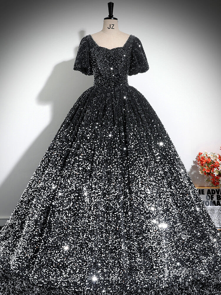 Prom Dress 2025 Grey Sparkly Sequin Prom Ball Gown Short Sleeve Quinceanera Dresses BG031-unique prom dresses-Grey-Custom Size-Viniodress