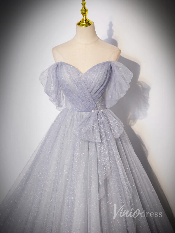 Prom Dress 2025 Grey Sparkly Tulle Off the Shoulder Prom Dresses Pleated Bodice Bow Tie 90042-unique prom dresses-Grey-Custom Size-Viniodress