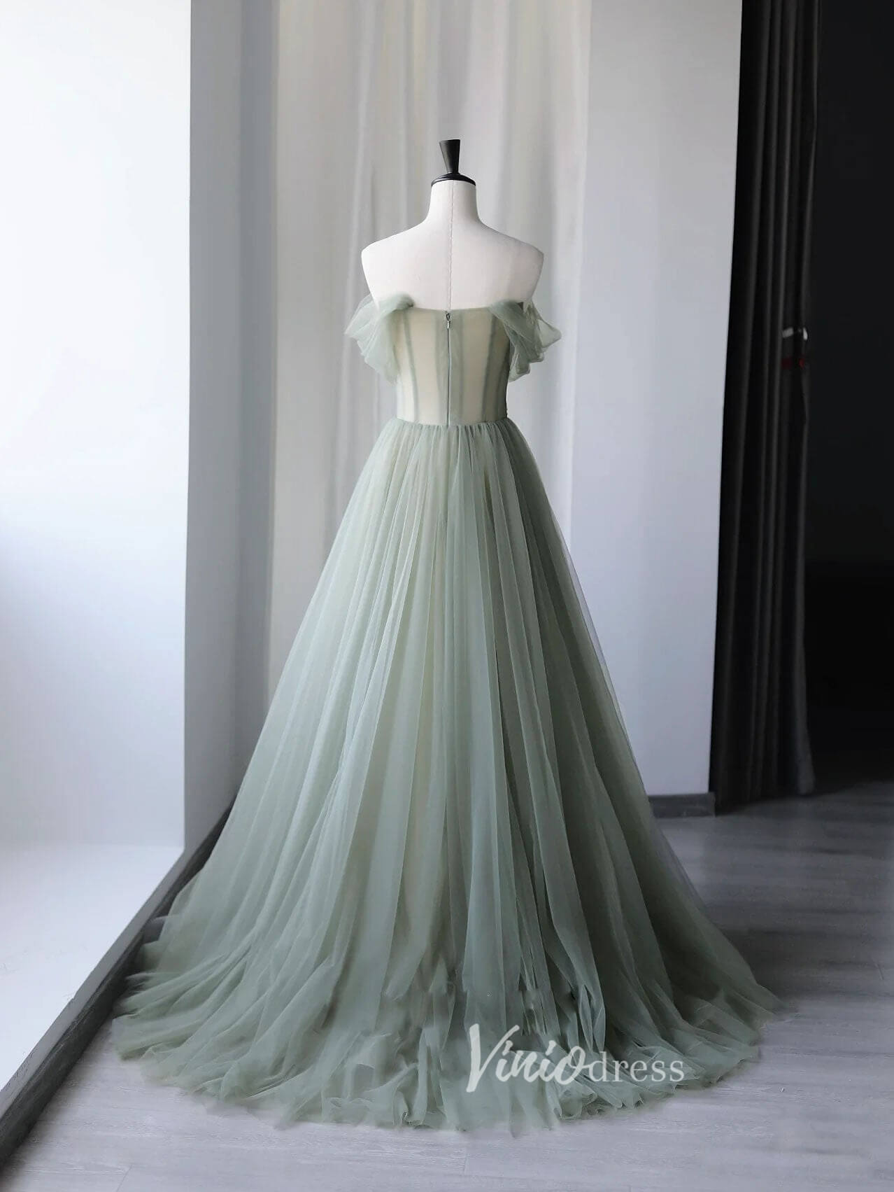 Prom Dress 2025 Greyish Green Tulle Prom Dresses Off the Shoulder Evening Dress FD3185-unique prom dresses-Greyish Green-Custom Size-Viniodress