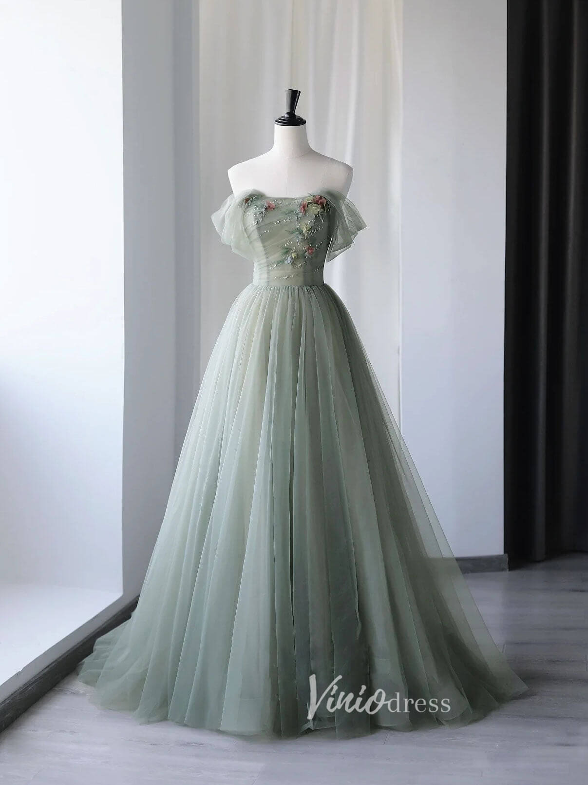 Prom Dress 2025 Greyish Green Tulle Prom Dresses Off the Shoulder Evening Dress FD3185-unique prom dresses-Greyish Green-Custom Size-Viniodress