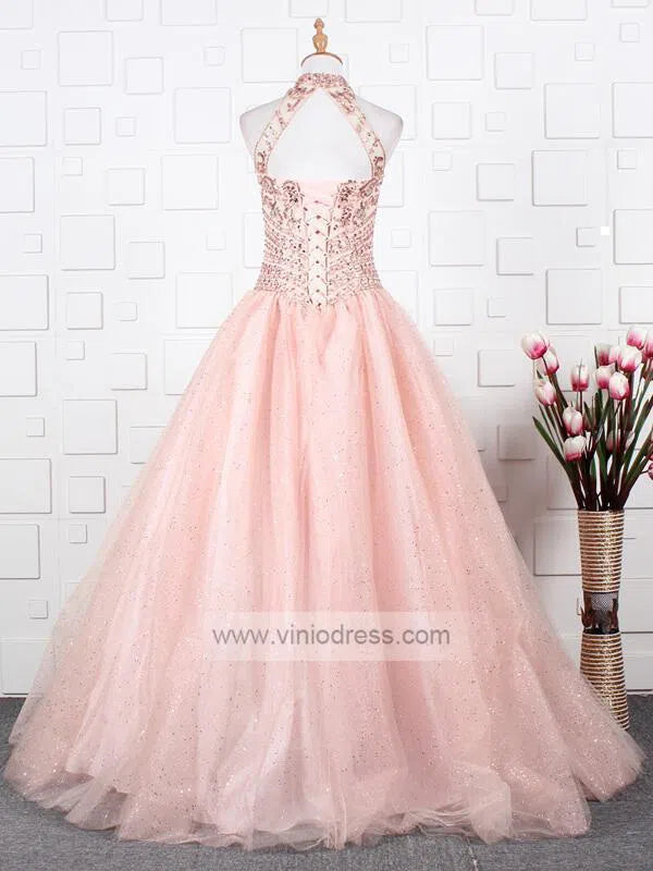 Prom Dress 2025 Halter Beaded Blush Pink Quinceañera Dresses FD1430-unique prom dresses-Blush Pink-Custom Size-Viniodress