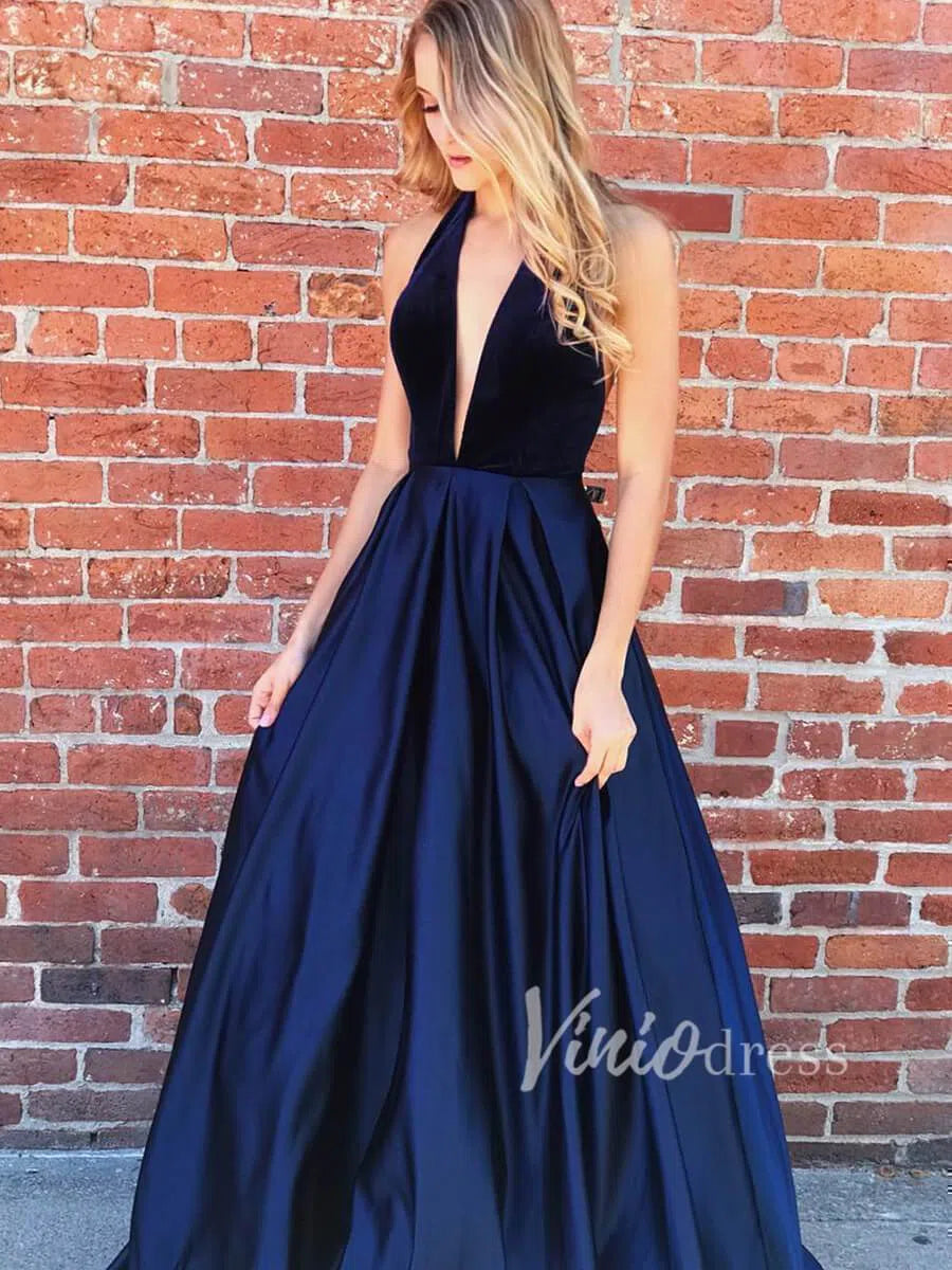 Prom Dress 2025 Halter Deep V Neck Navy Blue Long Prom Dresses FD1363-unique prom dresses-Navy Blue-US 2-Viniodress