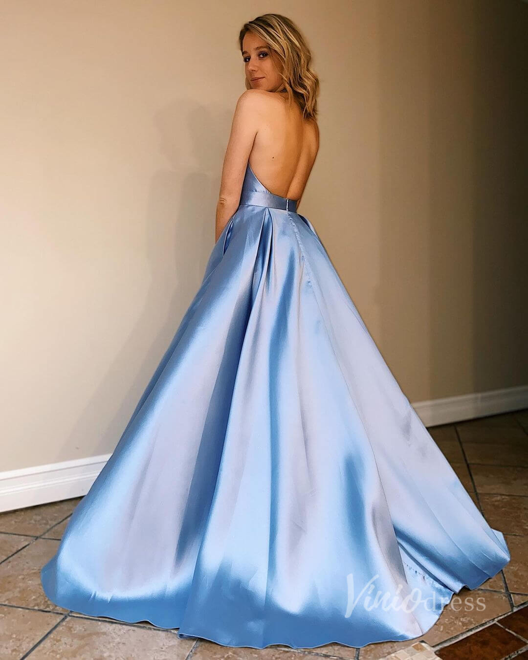 Prom Dress 2025 Halter V-neck Backless Satin Prom Dresses with Pockets FD2850-unique prom dresses-Dusty Blue-Custom Size-Viniodress