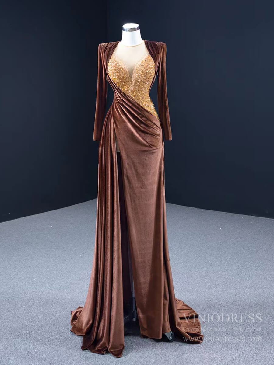 Prom Dress 2025 Haute Couture Chocolate Velvet Prom Dress with Slit FD2591 viniodress-unique prom dresses-Brown-Custom Size-Viniodress