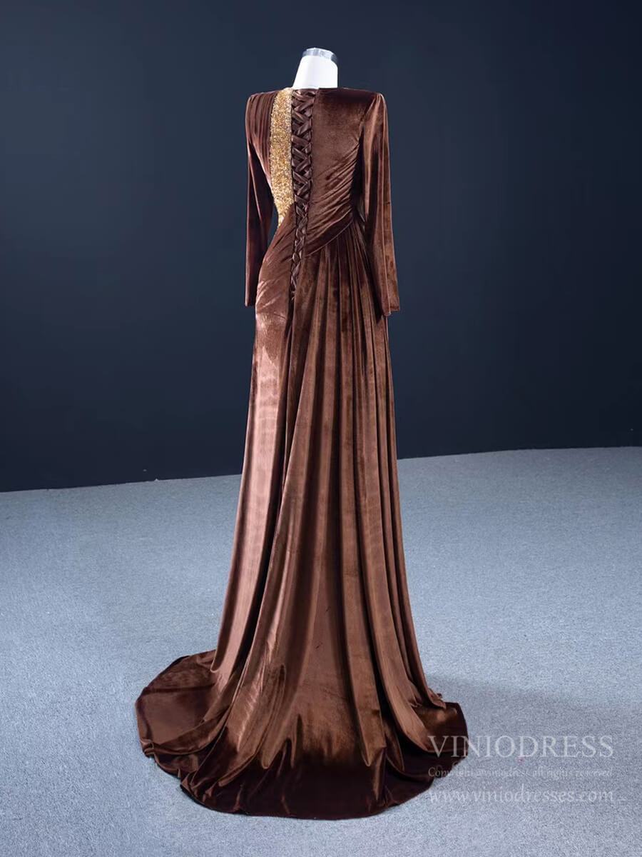 Prom Dress 2025 Haute Couture Chocolate Velvet Prom Dress with Slit FD2591 viniodress-unique prom dresses-Brown-Custom Size-Viniodress