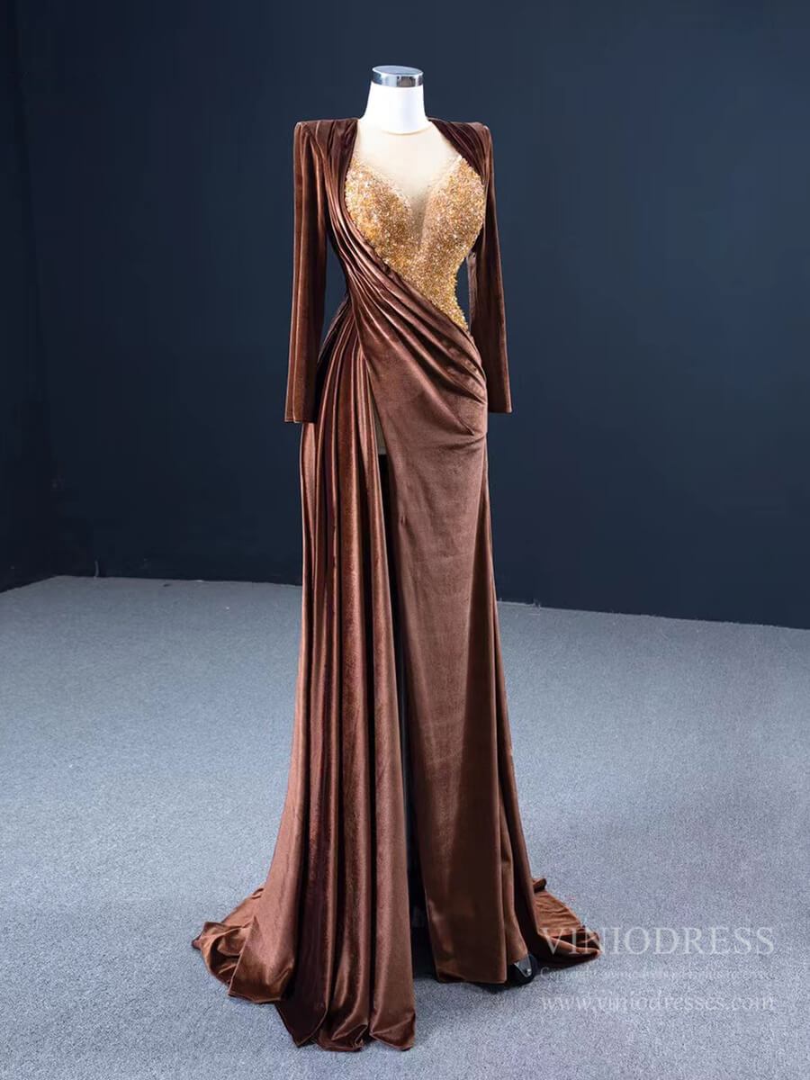 Prom Dress 2025 Haute Couture Chocolate Velvet Prom Dress with Slit FD2591 viniodress-unique prom dresses-Brown-Custom Size-Viniodress