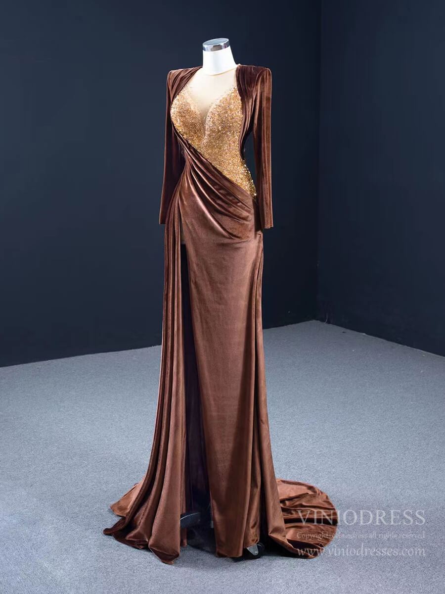 Prom Dress 2025 Haute Couture Chocolate Velvet Prom Dress with Slit FD2591 viniodress-unique prom dresses-Brown-Custom Size-Viniodress