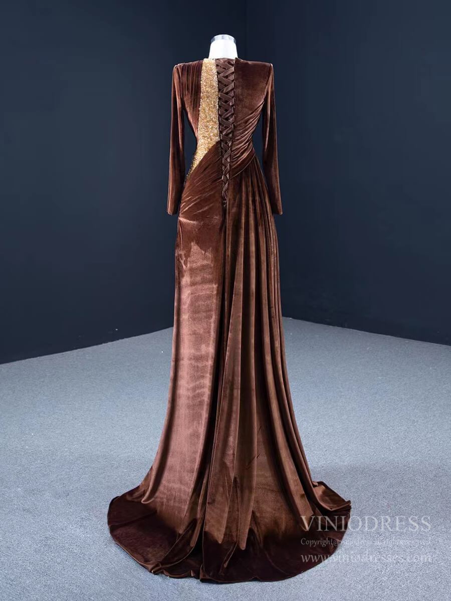 Prom Dress 2025 Haute Couture Chocolate Velvet Prom Dress with Slit FD2591 viniodress-unique prom dresses-Brown-Custom Size-Viniodress