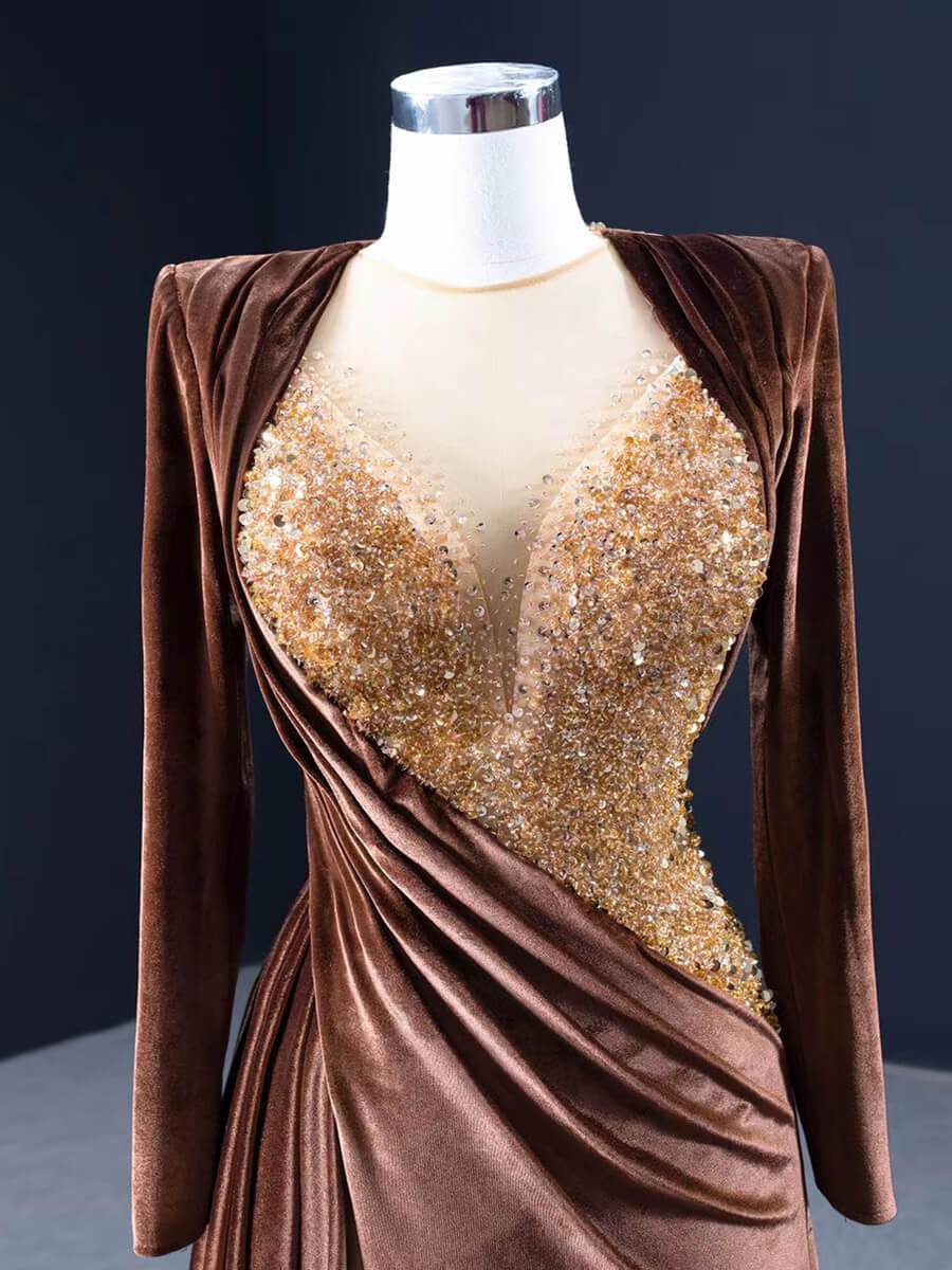 Prom Dress 2025 Haute Couture Chocolate Velvet Prom Dress with Slit FD2591 viniodress-unique prom dresses-Brown-Custom Size-Viniodress