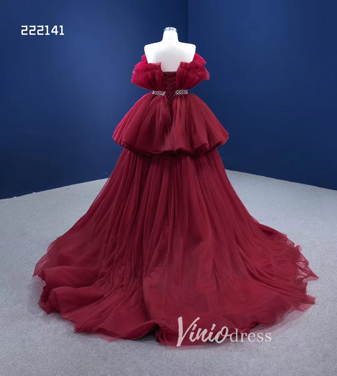 Prom Dress 2025 High Low Tulle Prom Dress Burgundy Ruffle Pageant Gown 222141-unique prom dresses-Burgundy-Custom Size-Viniodress