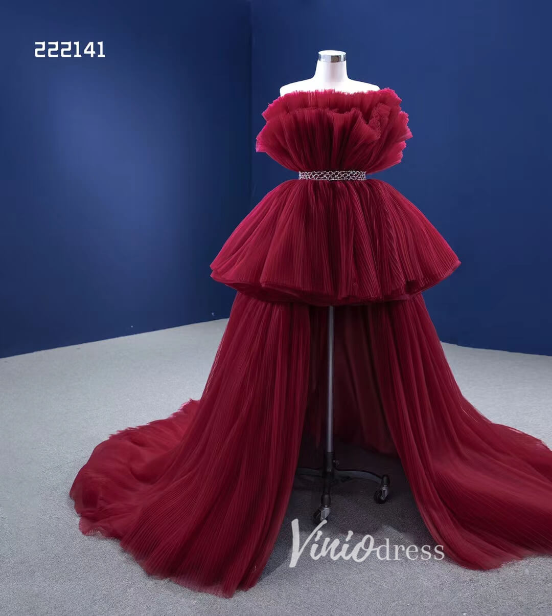 Prom Dress 2025 High Low Tulle Prom Dress Burgundy Ruffle Pageant Gown 222141-unique prom dresses-Burgundy-Custom Size-Viniodress