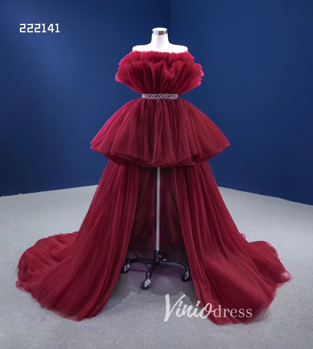 Prom Dress 2025 High Low Tulle Prom Dress Burgundy Ruffle Pageant Gown 222141-unique prom dresses-Burgundy-Custom Size-Viniodress