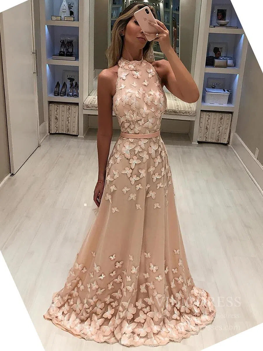 Prom Dress 2025 High Neck 3D Butterfly Junior Prom Dresses Backless Formal Dress FD1687-unique prom dresses-Blush Pink-US 2-Viniodress