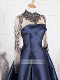 Prom Dress 2025 High Neck Beaded Long Prom Dresses with Sleeves FD1404-unique prom dresses-Navy Blue-Custom Size-Viniodress