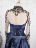 Prom Dress 2025 High Neck Beaded Long Prom Dresses with Sleeves FD1404-unique prom dresses-Navy Blue-Custom Size-Viniodress