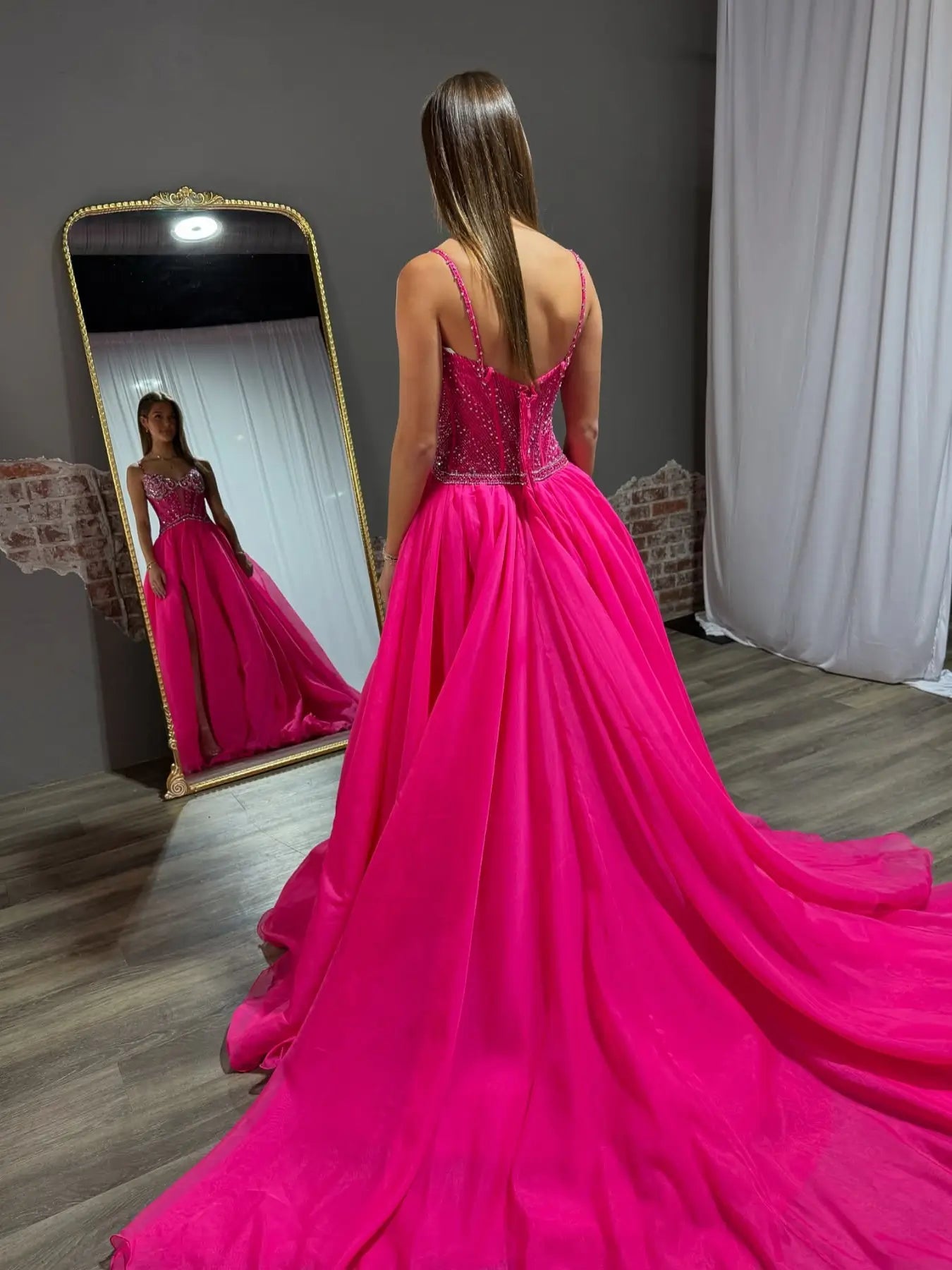 prom dresses 2025-to impress Hot Pink A-Line Prom Dress with Slit, Spaghetti Strap, Beaded Bodice & Organza Bottom – Style FD6060-plus size wedding dresses Viniodress-Hot Pink-Custom Size-