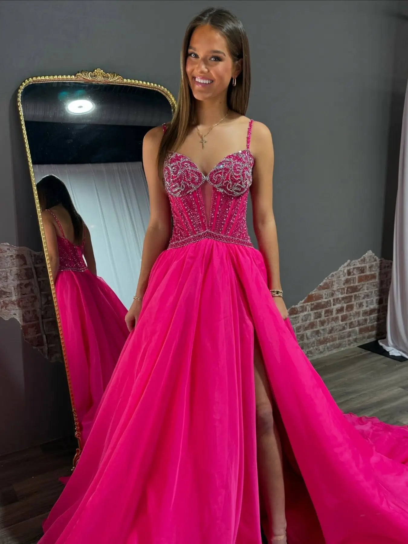 prom dresses 2025-to impress Hot Pink A-Line Prom Dress with Slit, Spaghetti Strap, Beaded Bodice & Organza Bottom – Style FD6060-plus size wedding dresses Viniodress-Hot Pink-Custom Size-