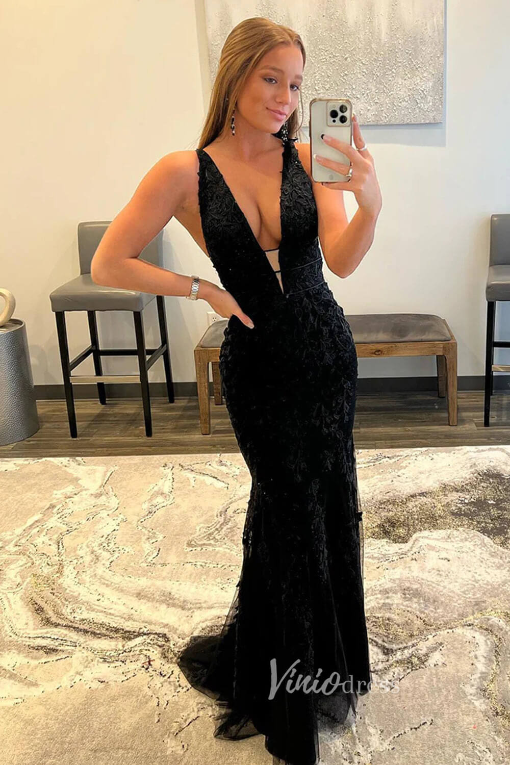 Prom Dress 2025 Hot Pink Lace Appliqued Mermaid Prom Dresses Plunging V-neck FD1250H-unique prom dresses-Black-Custom Size-Viniodress