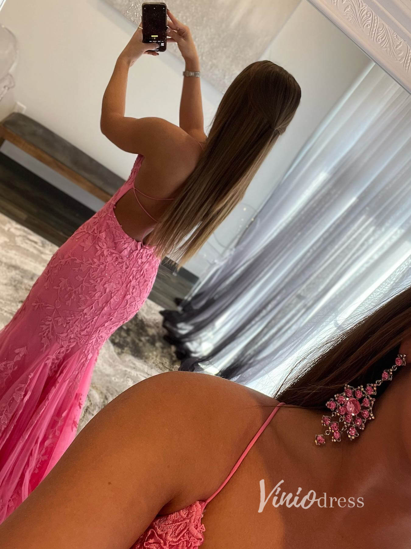 Prom Dress 2025 Hot Pink Lace Mermaid Prom Dresses Spaghetti Strap Evening Dress FD1250-unique prom dresses-Hot Pink-Custom Size-Viniodress