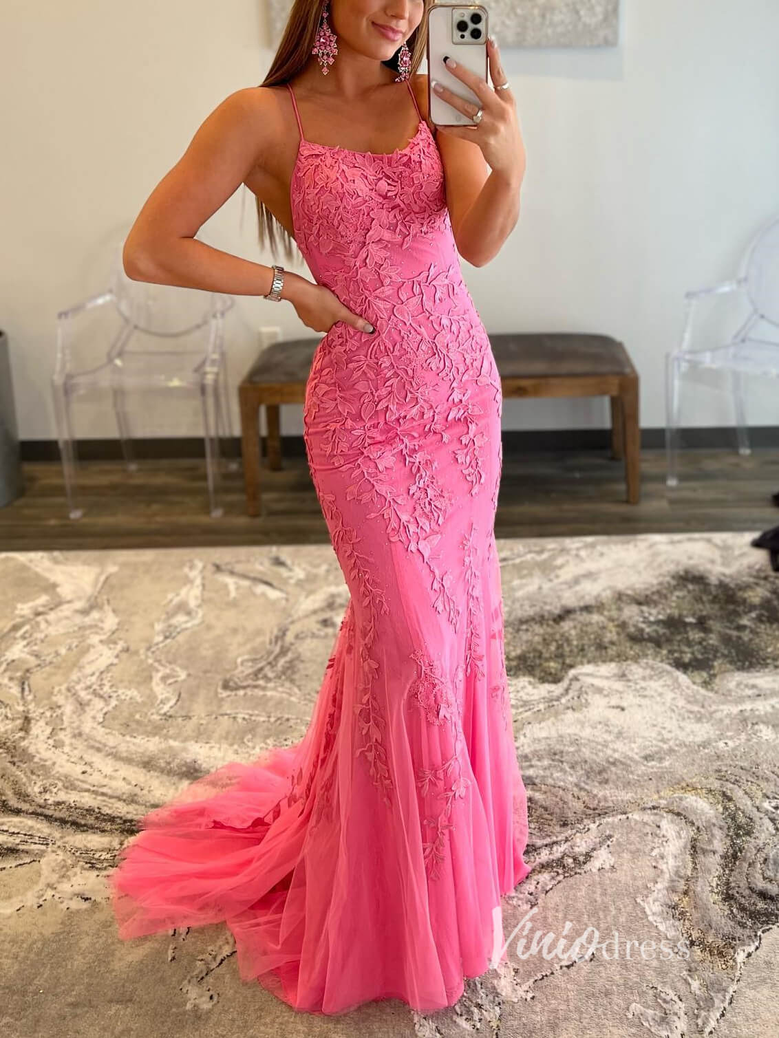 Prom Dress 2025 Hot Pink Lace Mermaid Prom Dresses Spaghetti Strap Evening Dress FD1250-unique prom dresses-Hot Pink-Custom Size-Viniodress