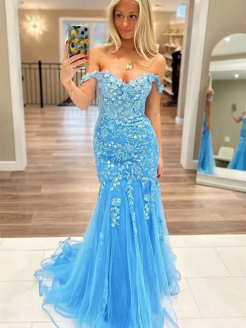 Hot Pink Mermaid Lace Prom Dresses Off the Shoulder FD3659 - Viniodressprom dressesBlueCustom Size - Formal Dresses - Ball Gowns