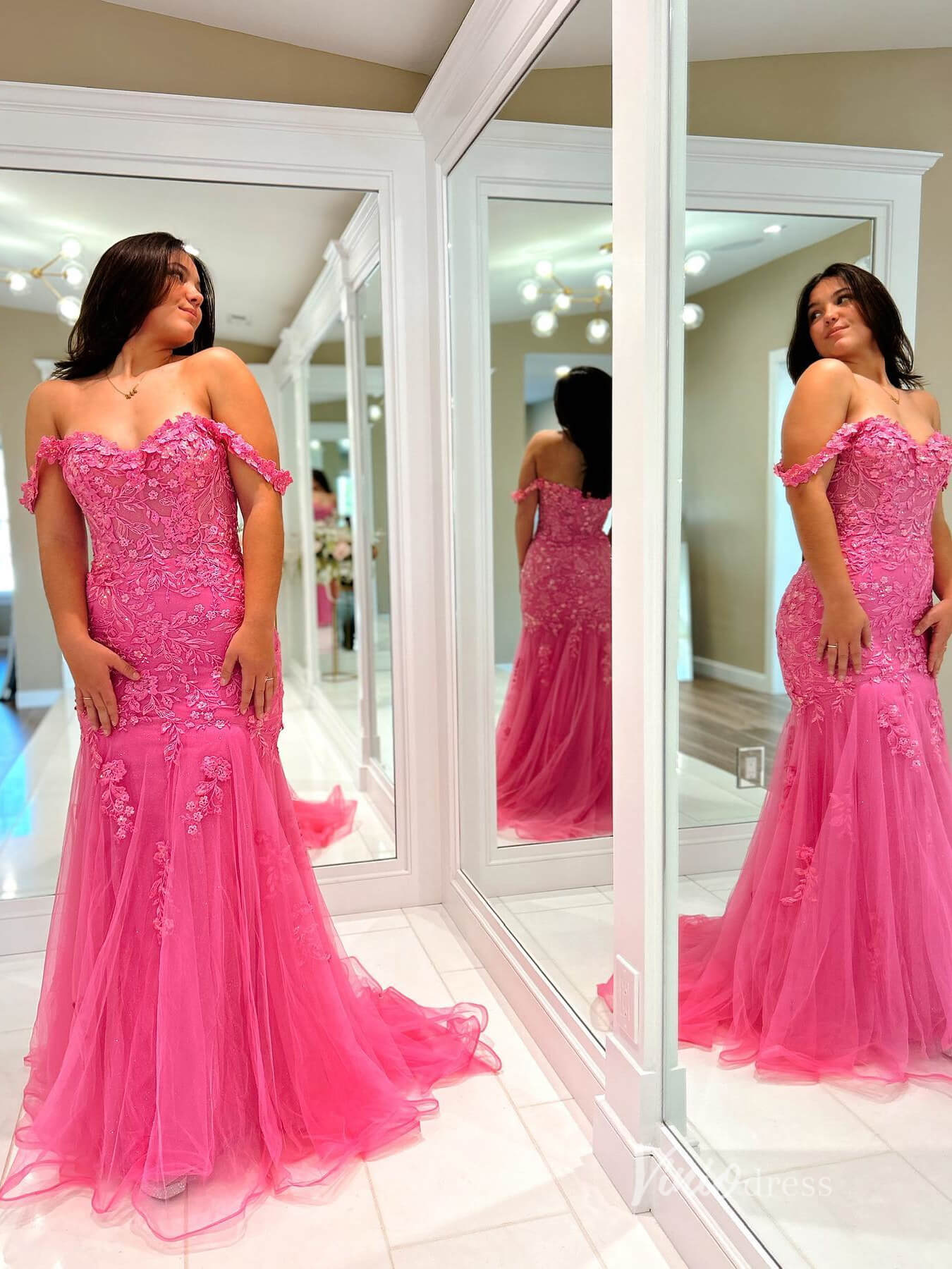 Hot Pink Mermaid Lace Prom Dresses Off the Shoulder FD3659 - Viniodressprom dressesHot PinkCustom Size - Formal Dresses - Ball Gowns