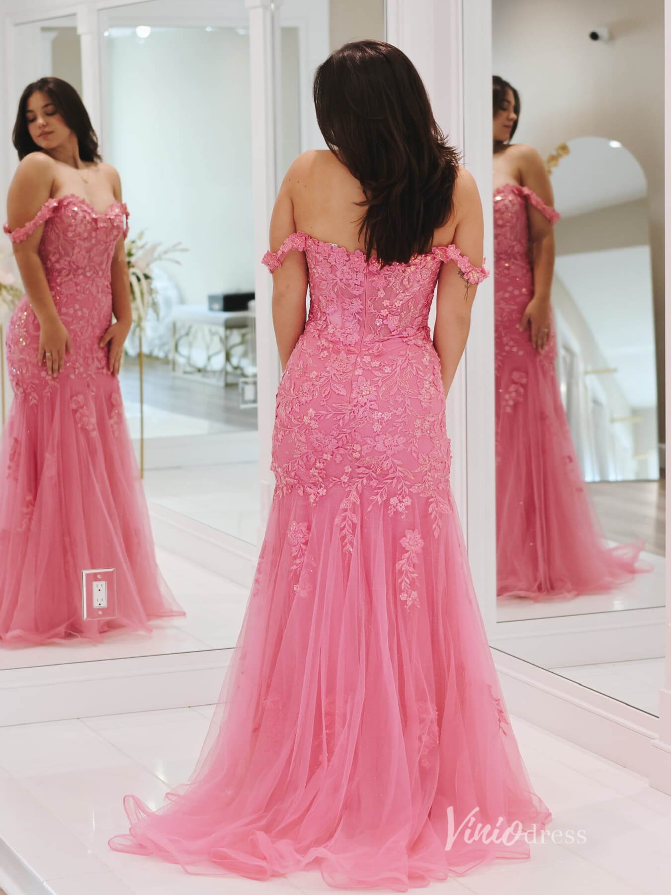 Hot Pink Mermaid Lace Prom Dresses Off the Shoulder FD3659 - Viniodressprom dressesHot PinkCustom Size - Formal Dresses - Ball Gowns