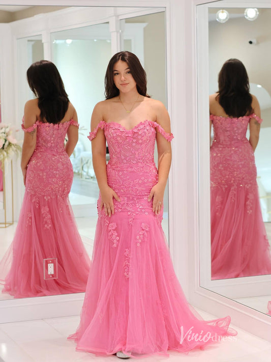 Hot Pink Mermaid Lace Prom Dresses Off the Shoulder FD3659 - Viniodressprom dressesHot PinkCustom Size - Formal Dresses - Ball Gowns