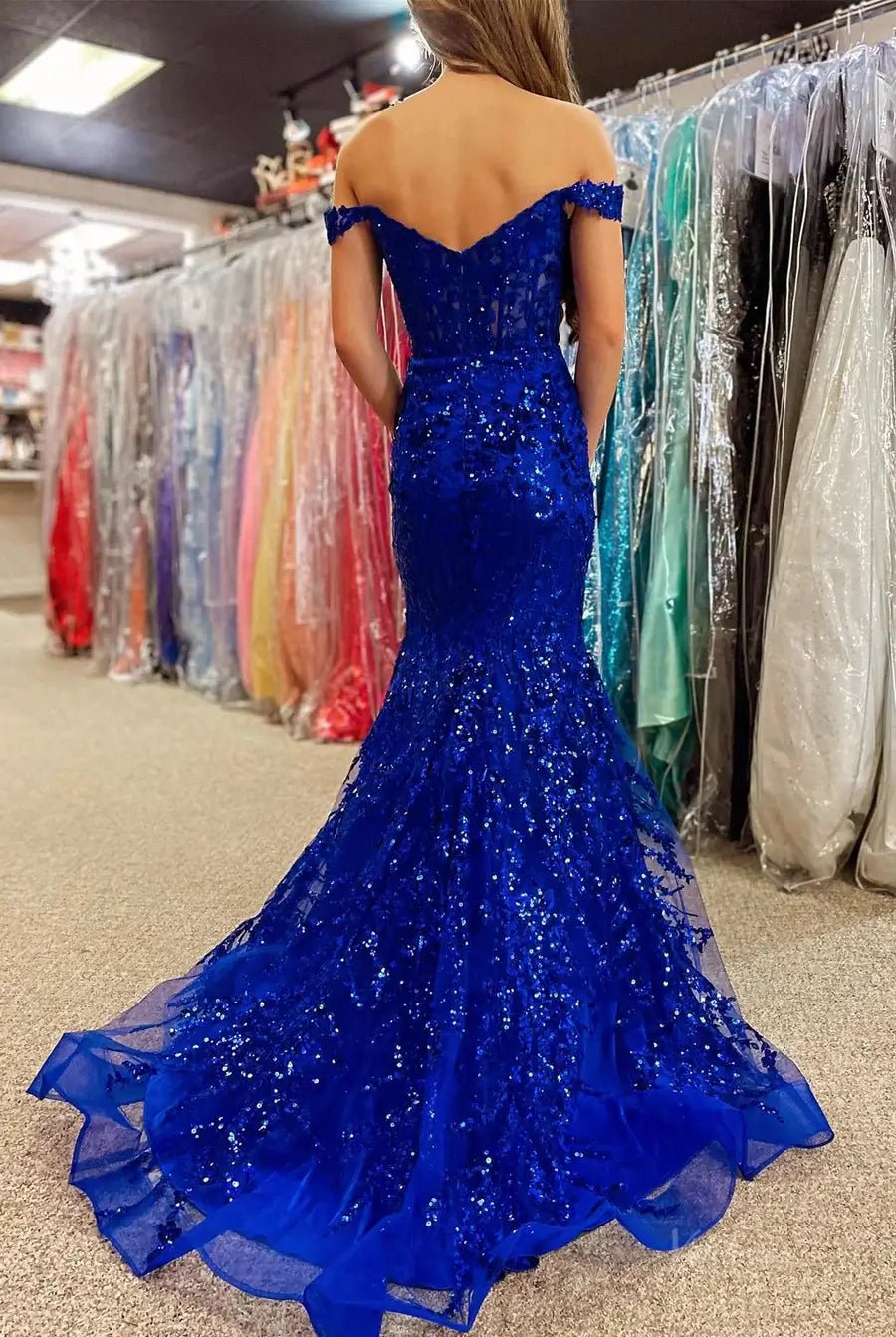 Hot Pink Mermaid Prom Dress 2025 with Sparkly Lace & Slit, Off the Shoulder – FD5005 - Viniodressprom dressesRoyal BlueCustom Size - Formal Dresses - Ball Gowns