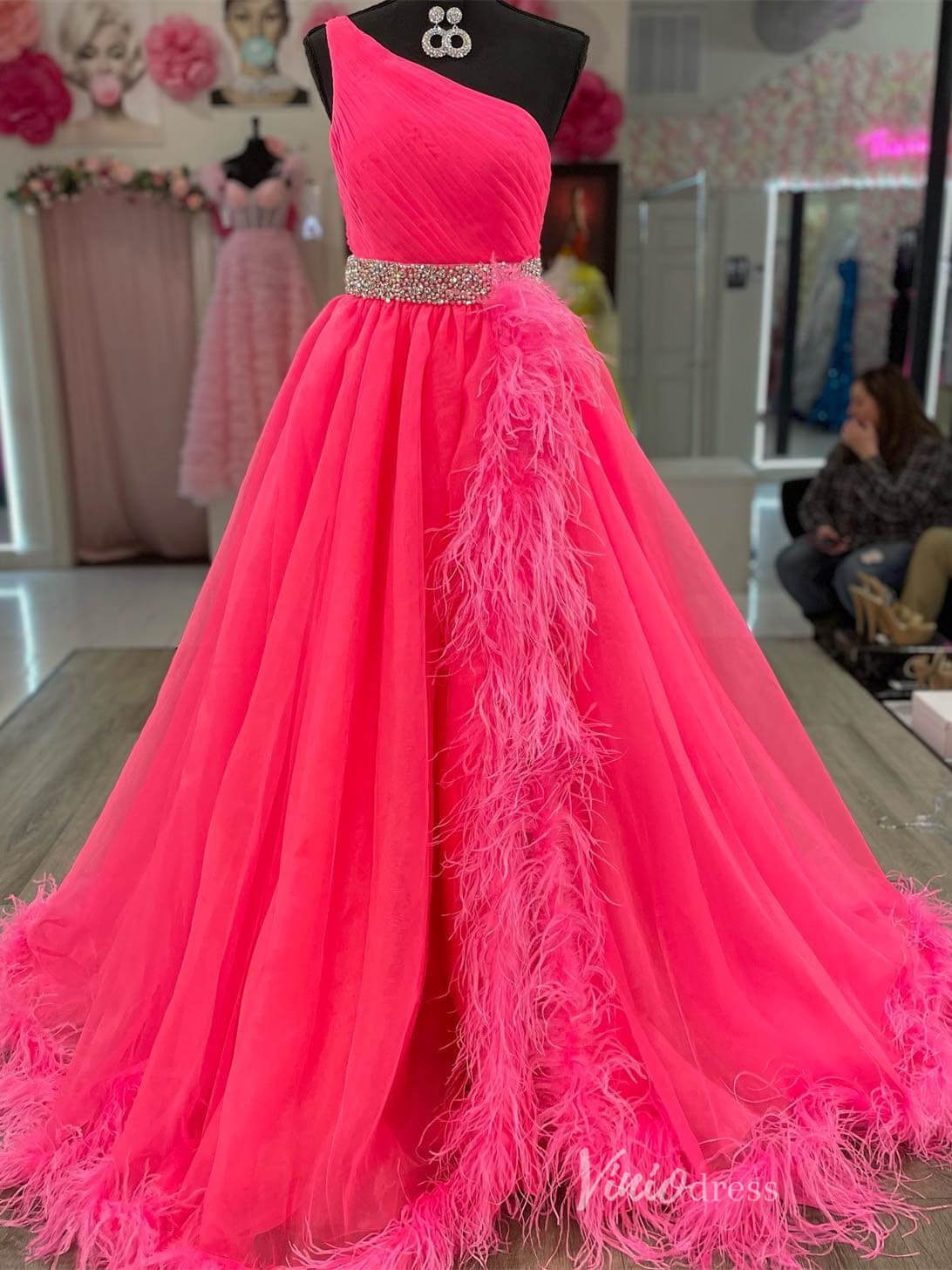 Hot Pink One Shoulder Pleated Prom Dresses Feather Slit Beaded Waist FD4024 - Viniodressprom dressesHot PinkCustom Size - Formal Dresses - Ball Gowns