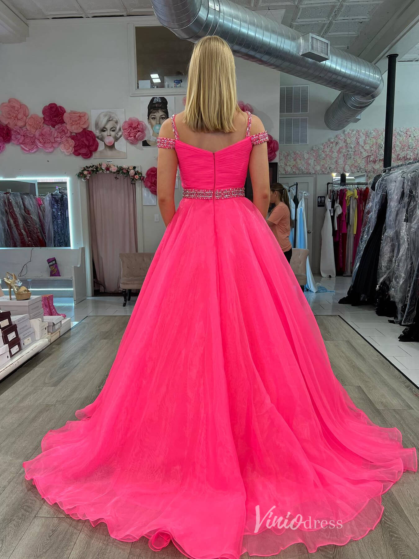 Hot Pink Organza Off the Shoulder Prom Dresses Pleated Bodice Beaded Belt FD4076 - Viniodressprom dressesHot PinkCustom Size - Formal Dresses - Ball Gowns